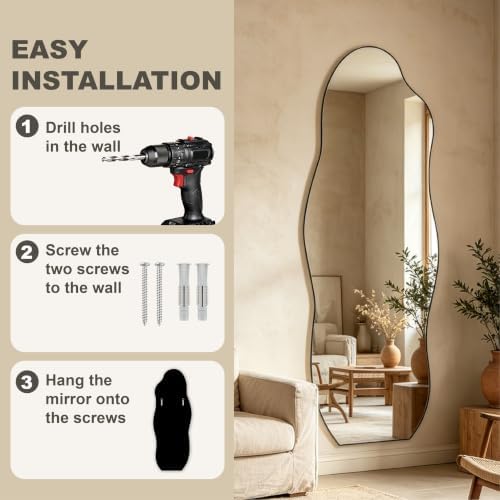 Full Length Wall Mirror, Wavy Irregular Shape, 63x24 Inch, - Image 3