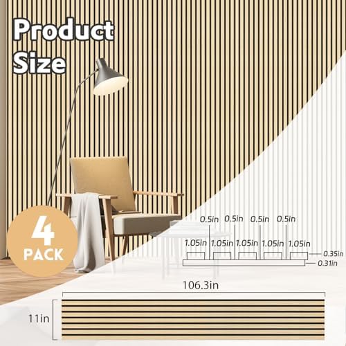 4 Pack Wood Panels for Wall, 106.3" × 11" Wood Slat Acoustic Panels, Soundproof - Image 2