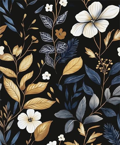 Laatse Vintage Dark Blue Gold Floral Peel and Stick Wallpaper 17.5"x787" by Laatse