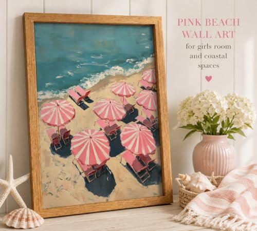 Framed Pink Beach Umbrella Canvas Wall Art, Coastal Umbrellas Wall Decor - Image 2