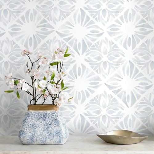 Blue Wallpaper Coastal Peel and Stick Wallpaper Boho 197"x17.3" Blue and White by Fiula