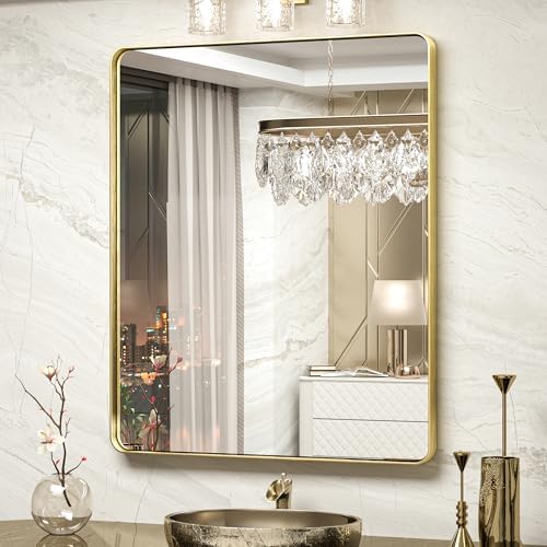 TokeShimi Gold Bathroom Mirror for Wall 30 x 36 Inch Metal Rounded Corner by TokeShimi