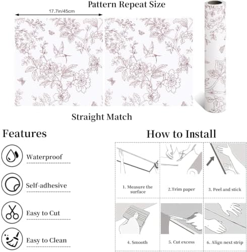 Froluya Floral Peel and Stick Wallpaper Vintage Red White 17.7in×196.8in - Image 5
