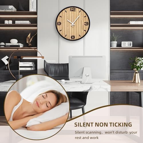 12 Inch Round Wall Clock Battery Operated, Wooden Decorative Analog Clocks - Image 3