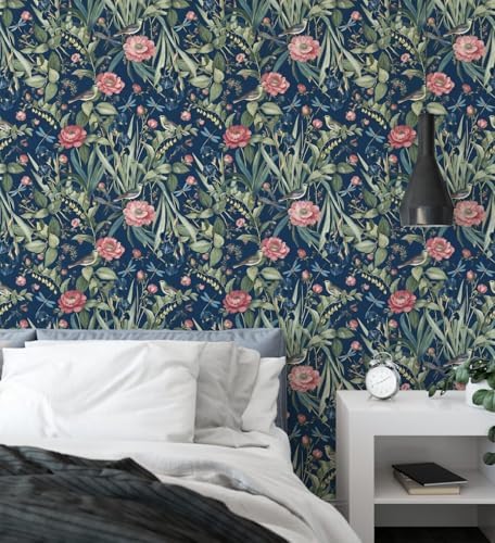 Navy Bird and Floral Peel and Stick Wallpaper Vintage 17in x 393in - Image 6