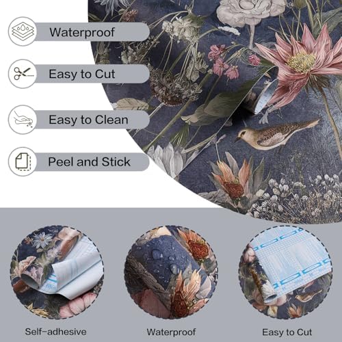 Jeweluck Vintage Floral Wallpaper Peel and Stick Dark Blue 16.9" x 118.1" - Image 4
