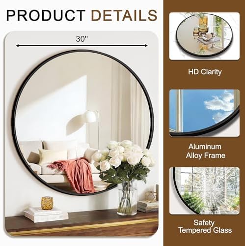 FGU Round Bathroom Mirror for Over Sink 2 Pack 30" Black Circle Wall Mirror - Image 3