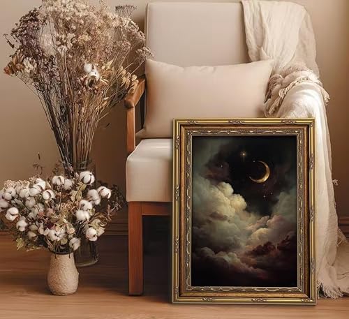 Vintage Gold Framed Celestial Wall Art, Moody Moon and Stars Gothic Painting - Image 5