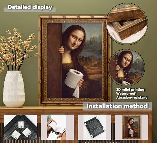 Funny Mona Lisa‑Inspired Lady Holding Toilet Paper Wall Art, Ornate Golden - Image 4