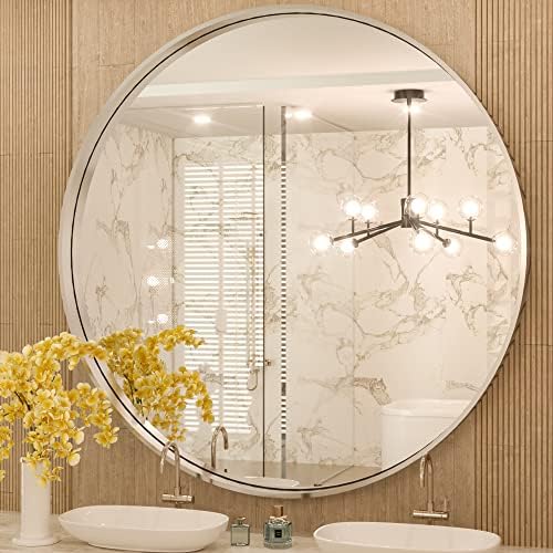 TokeShimi Round Mirror 36 Inch Brushed Silver Round Bathroom Mirror by TokeShimi