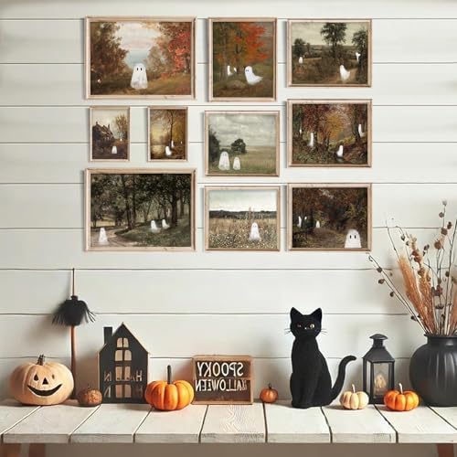uniro Halloween Cute Ghost Vintage Wall Art, Spooky Autumn Landscape Canvas Oil - Image 5