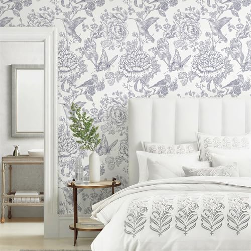 Safiyya Blue White Peel and Stick Wallpaper Floral Birds Butterfly Contact - Image 3