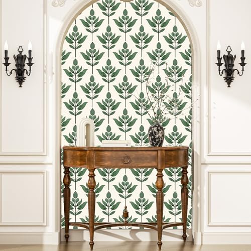 BOKEBEVE Boho Leaf Peel Stick Wallpaper Damask Beige Green 17.5 x 393.5In - Image 3