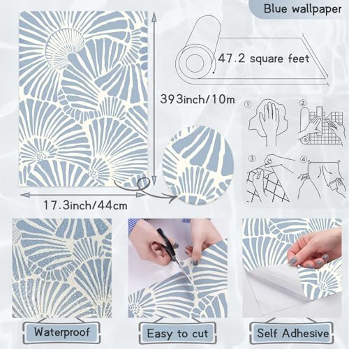 Theper Blue and White Wallpaper Peel and Stick Wallpaper Boho 17.3"×393" - Image 3