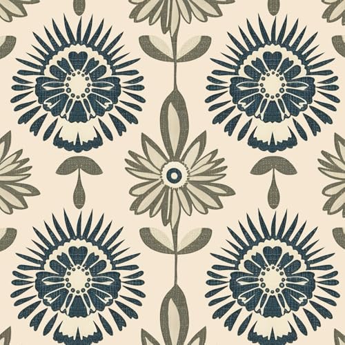 BOKEBEVE Boho Floral Peel and Stick Wallpaper Beige Blue 17.5 x 118In by BOKEBEVE