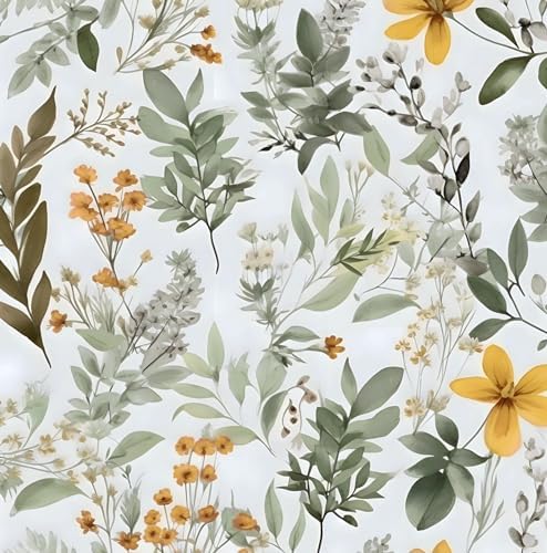Laatse Vintage Green Yellow Wild Floral Botanical Wallpaper 17.5"x787" by Laatse