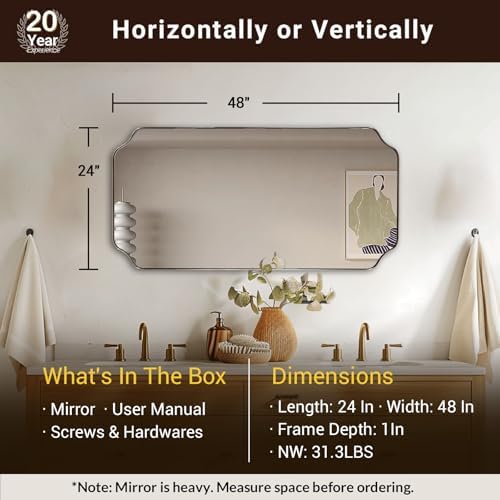 ANDY STAR 24x48 Inch Bathroom Mirror, Brushed Nickel Rectangle Mirror, - Image 2