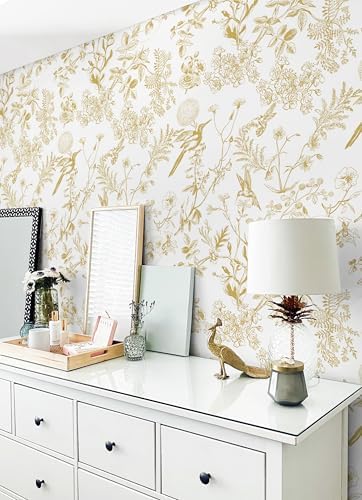 Safiyya Peel and Stick Wallpaper Gold and White Contact Paper 17.3"x118" Floral - Image 2