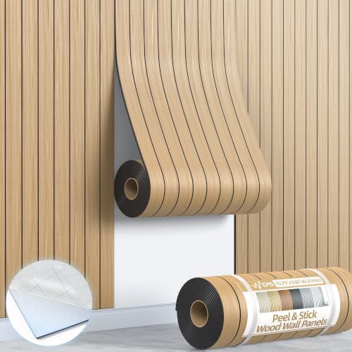 Peel and Stick Wood Slat Wall Panels, 3D PVC Faux Oak Wood Grain Wallpaper by NEPIS