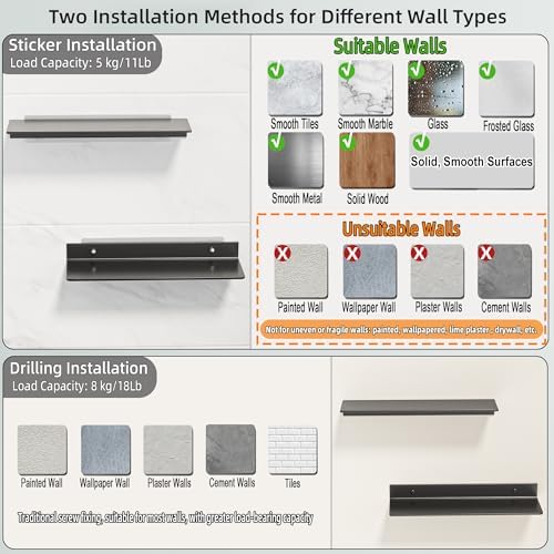 HNVNER Adhesive Shelves for Wall, Metal Floating Shelf 2 Pack, 15.7x4.9IN - Image 6