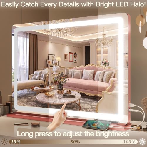 FENNIO Pink Vanity Mirror with Lights 32"x22", Lighted Makeup Mirror, Large - Image 3