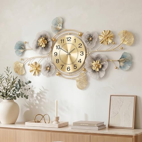 33" 3D Ginkgo Wall Clock with Sculpted Metal Leaves by JXQXYN