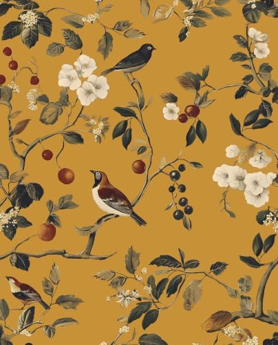 Laatse Vintage Yellow Floral Bird Wallpaper Peel and Stick 17.5"x197" by Laatse