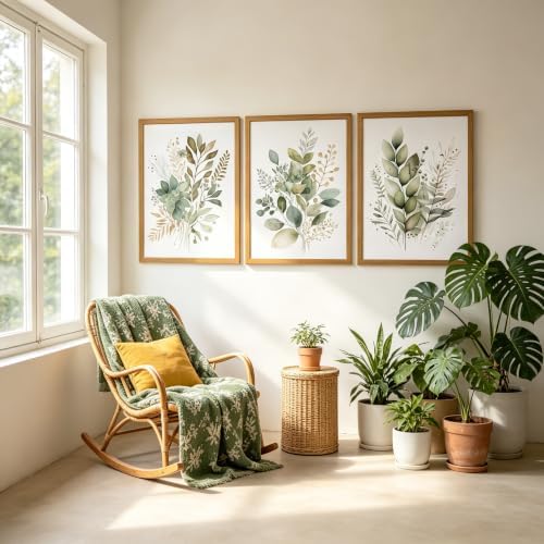 Sage Green Botanical Wall Art Set of 3, Modern Watercolor Eucalyptus Leaf - Image 4