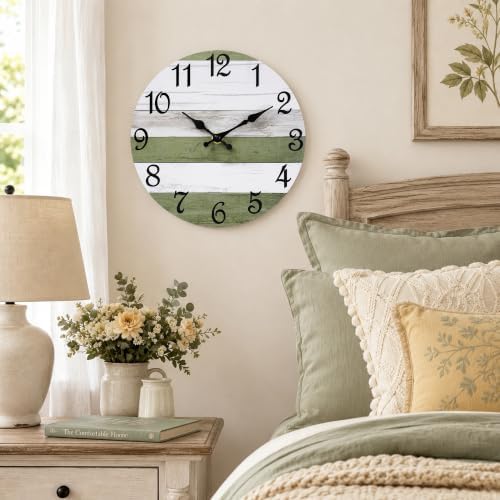 CHYLIN Wall Clock Silent Non-Ticking Battery Operated Green White Striped - Image 7
