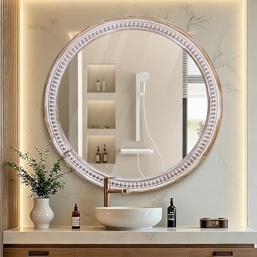 30 Inch Wooden Round Mirror, Farmhouse Mirrors by BaroqueFarmhouseWallMirro