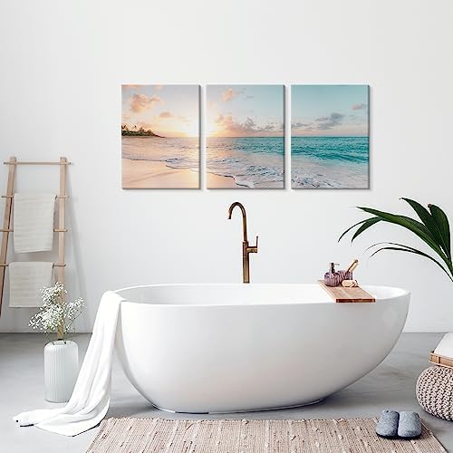 Goldfoilart 3 Pieces Beach Wall Art Sunset Bathroom Canvas Pictures Ocean Wall - Image 2