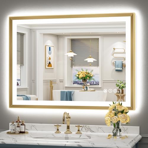 44x32 Gold Beveled LED Lighted Bathroom Mirror, Backlit & Front Lit by Awandee