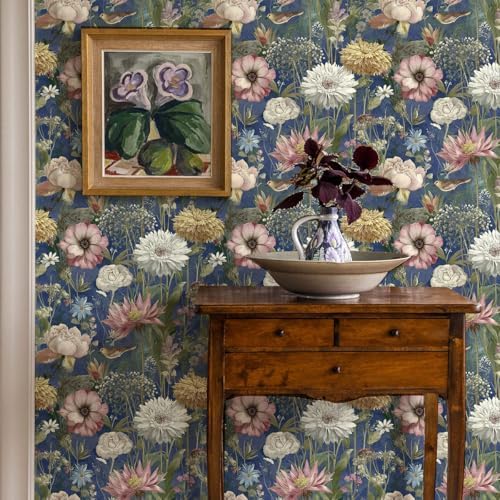 Jeweluck Vintage Floral Wallpaper Peel and Stick Dark Blue 16.9" x 118.1" - Image 6