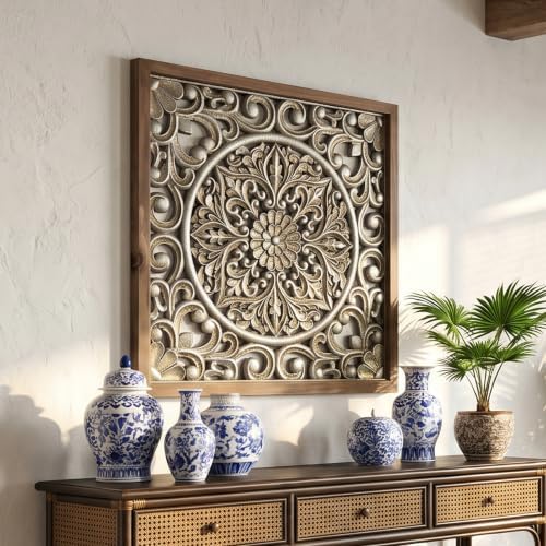 XIAOAIKA Boho Carved Wood Wall Art Panel, Floral Mandala, Distressed Silver - Image 5