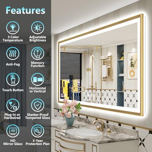 72x36 Gold Beveled LED Lighted Bathroom Mirror, Backlit & Front Lit - Image 2
