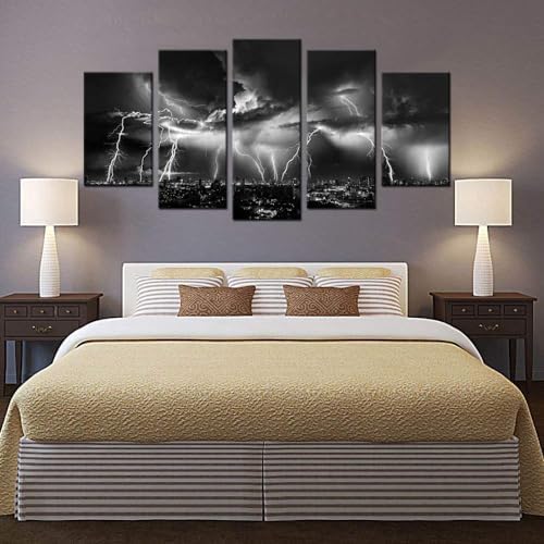 Biuteawal - Black and White City Wall Art Nature Lightning Strikes in The - Image 5