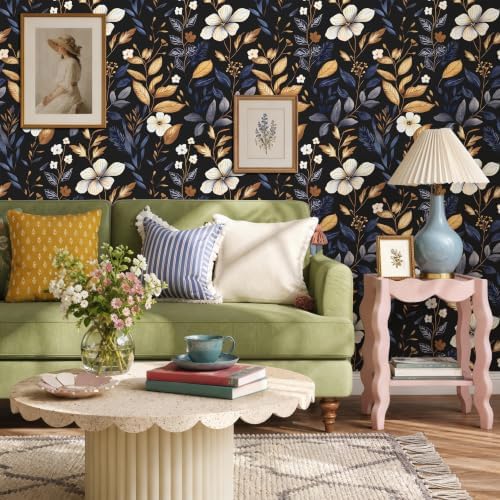 Laatse Vintage Dark Blue Gold Floral Peel and Stick Wallpaper 17.5"x787" - Image 2