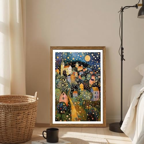 AVECCO Gustav Klimt Style Village Night Wall Art Framed Canvas 16x24 inch - Image 4