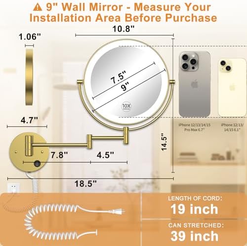 Gospire 9” Wall Mounted Lighted 1X/10X Magnifying Mirror - Image 2