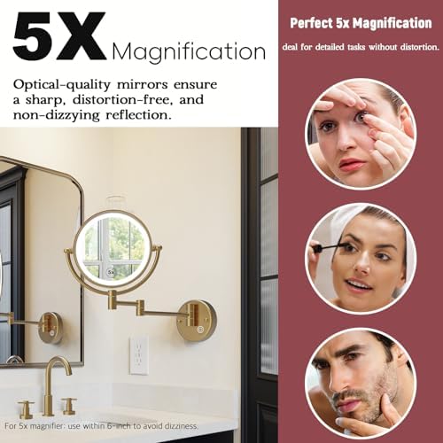 8" Rechargeable Brass 1X/5X Makeup Magnifying Mirror Wall Mount - Image 4