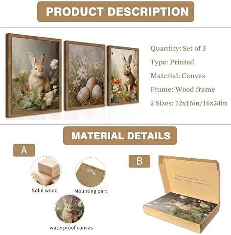 Vintage Easter Bunny Wall Art Set of 3, Spring Easter Rabbit Eggs Canvas Wall - Image 3
