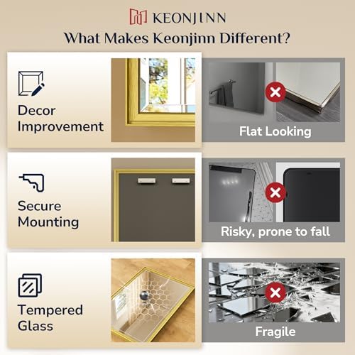 Keonjinn 60" x 36" Gold Bathroom Mirrors, Secure French Cleat Installation - Image 5