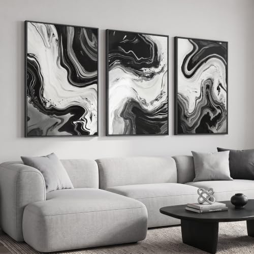 Large Framed Black and White Modern Abstract Wall Art Set of 3, 24x36 In by Cuspin