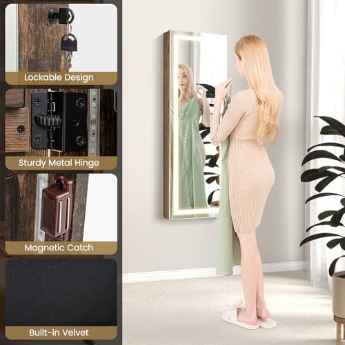 CHARMAID LED Mirror Jewelry Cabinet, Lockable Jewelry Armoire - Image 6