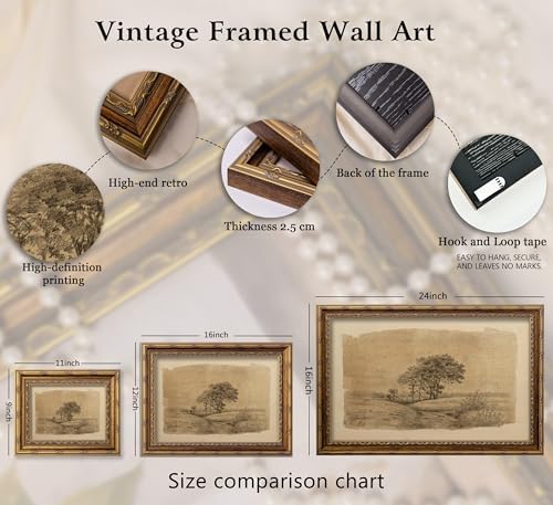 Vintage Gold Framed Sepia Country Landscape Sketch Wall Art, Rustic Tree Grove - Image 6