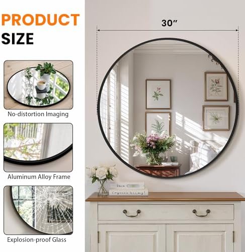TRAHOME Black Round Bathroom Mirror, 2 Pack 30” Vanity Circle Wall Mirror - Image 2