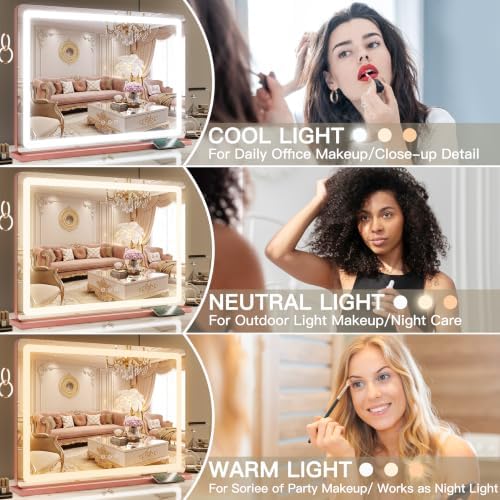 FENNIO Pink Vanity Mirror with Lights 32"x22", Lighted Makeup Mirror, Large - Image 2