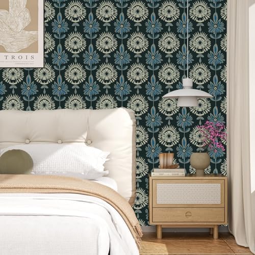 BOKEBEVE Boho Floral Peel and Stick Wallpaper Dark Green 17.5 x 393.5In - Image 4