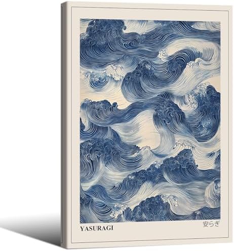 Japanese Blue Waves Wall Art Vintage Oriental Japandi Wabi Sabi Poster 16X24 by rumlud