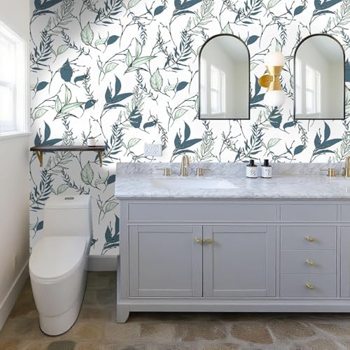 Sage Green and Blue Leaf Peel and Stick Wallpaper 17.7in x 213in - Image 5
